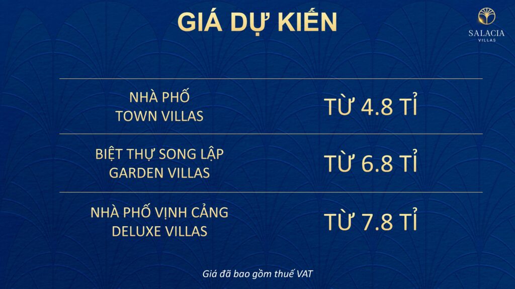 Giá bán dự án Salacia Villas