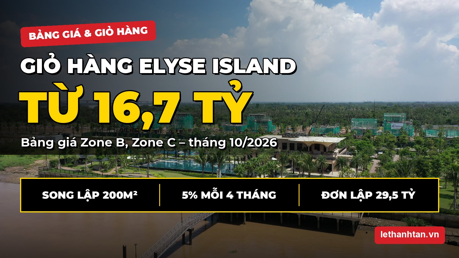 Giỏ hàng Elyse Island tháng 10/2026: Bảng giá từng căn Zone B, Zone C và dòng tiền 5% mỗi 4 tháng