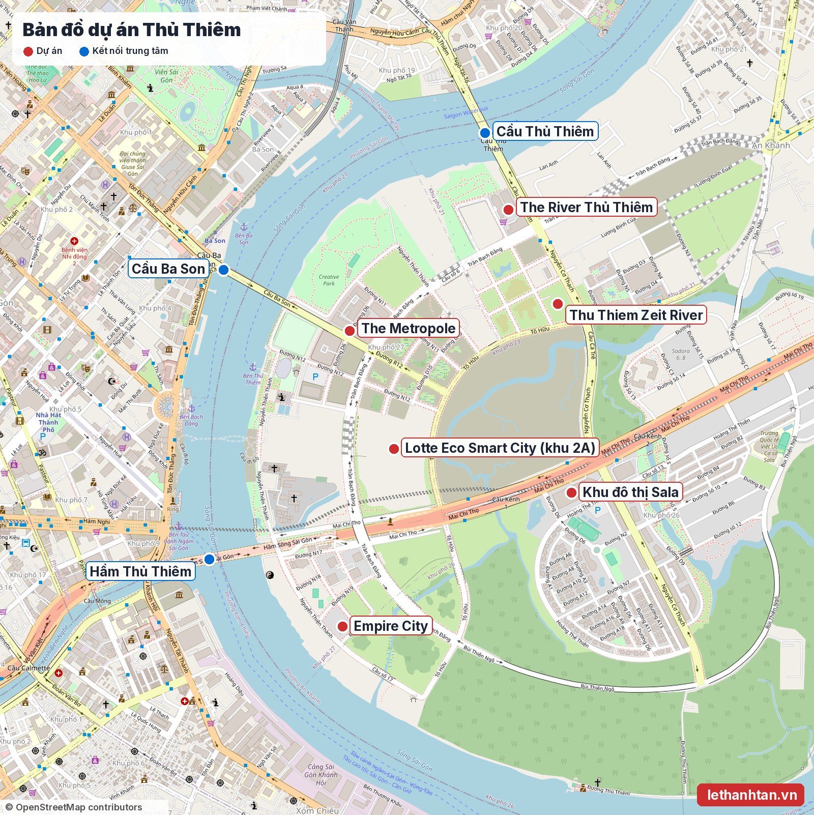 Bản đồ vị trí các dự án căn hộ Thủ Thiêm: The Metropole, Empire City, The River, Zeit River, Sala, Lotte Eco Smart City
