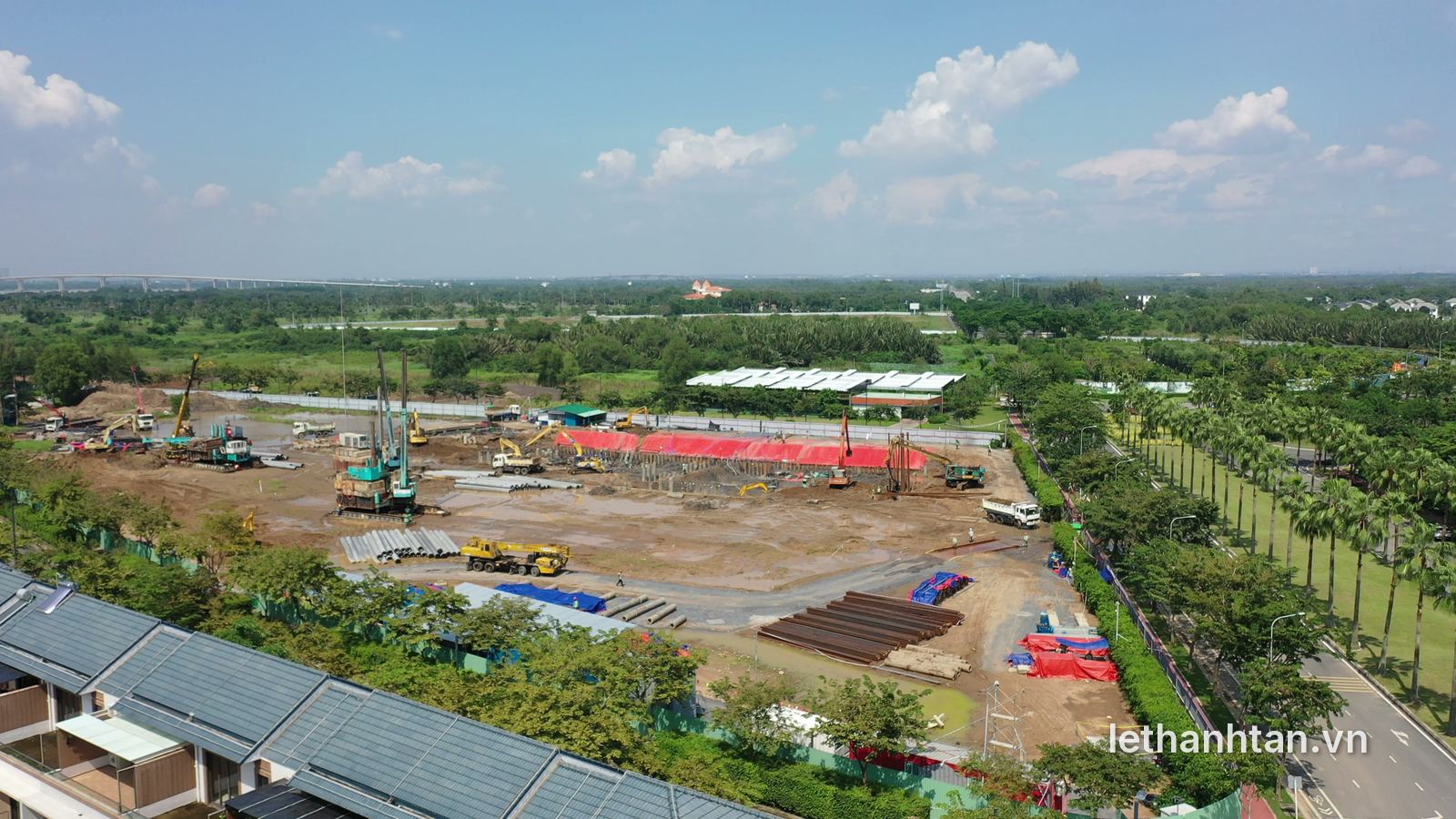 Công trường bệnh viện cao cấp trên đảo Đại Phước nhìn từ flycam