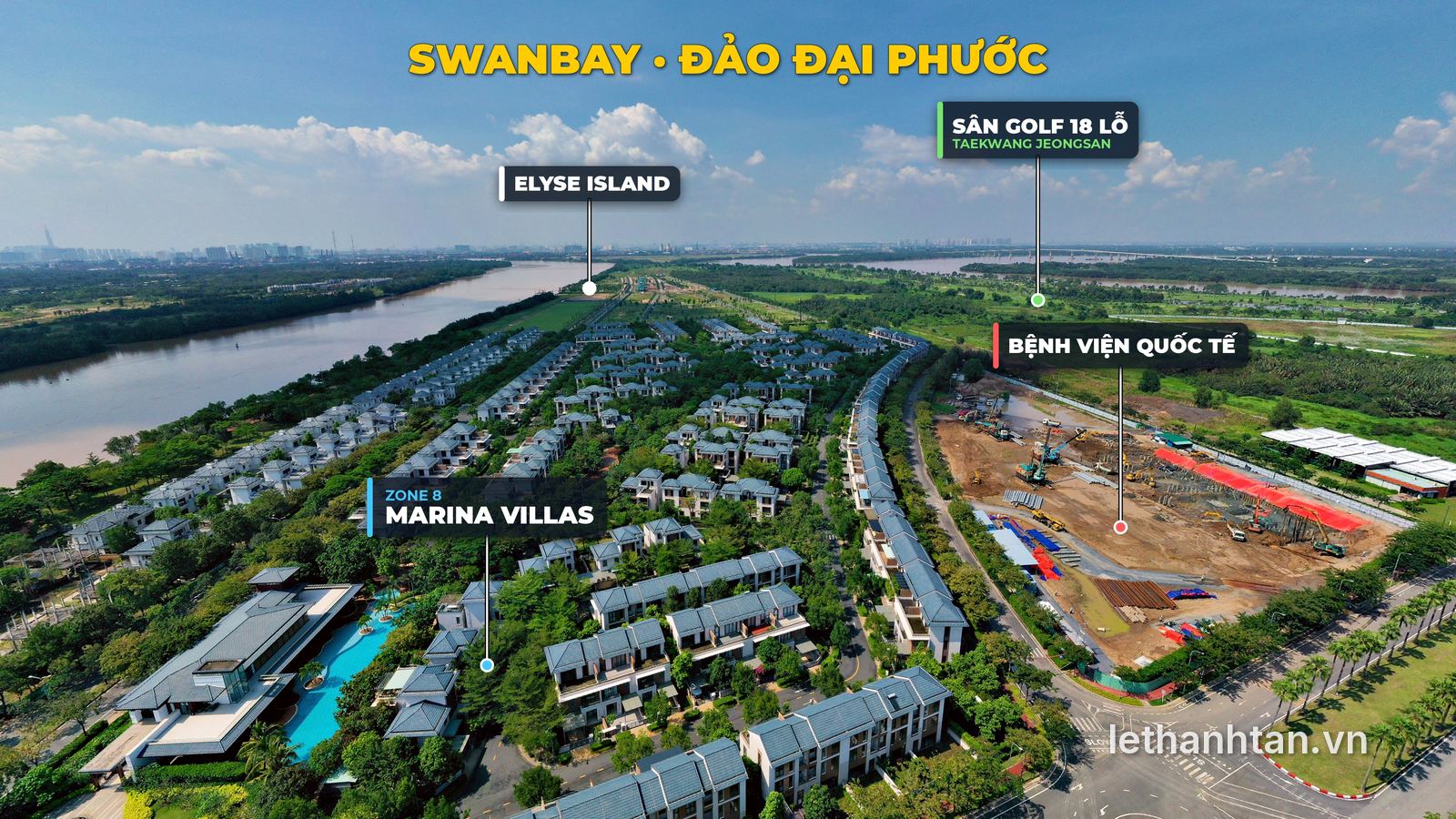 Flycam Swanbay đảo Đại Phước với Marina Villas, Elyse Island, sân golf và bệnh viện quốc tế
