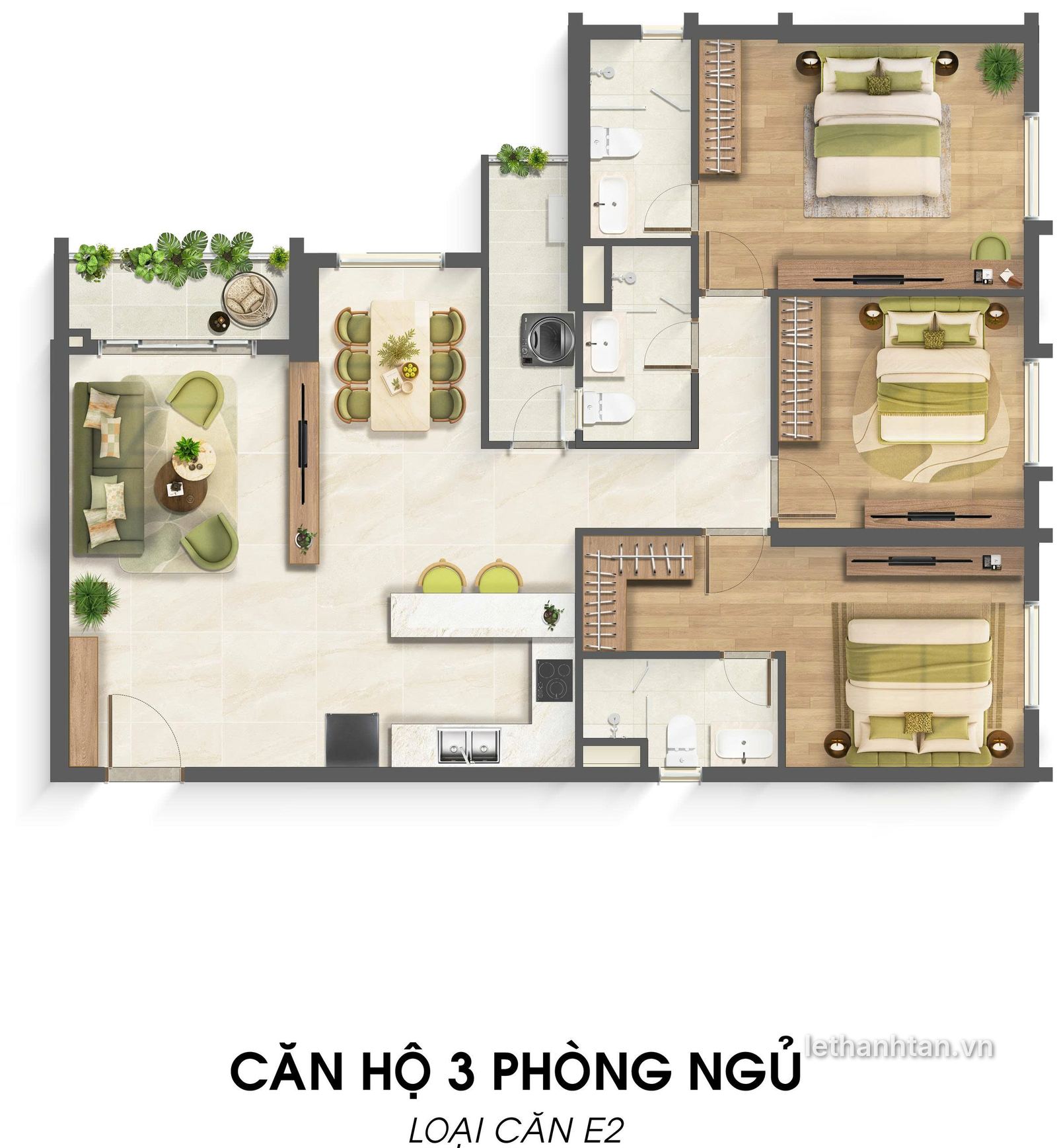 Mặt bằng căn hộ 3 phòng ngủ loại E2 Imperia Sensa Park
