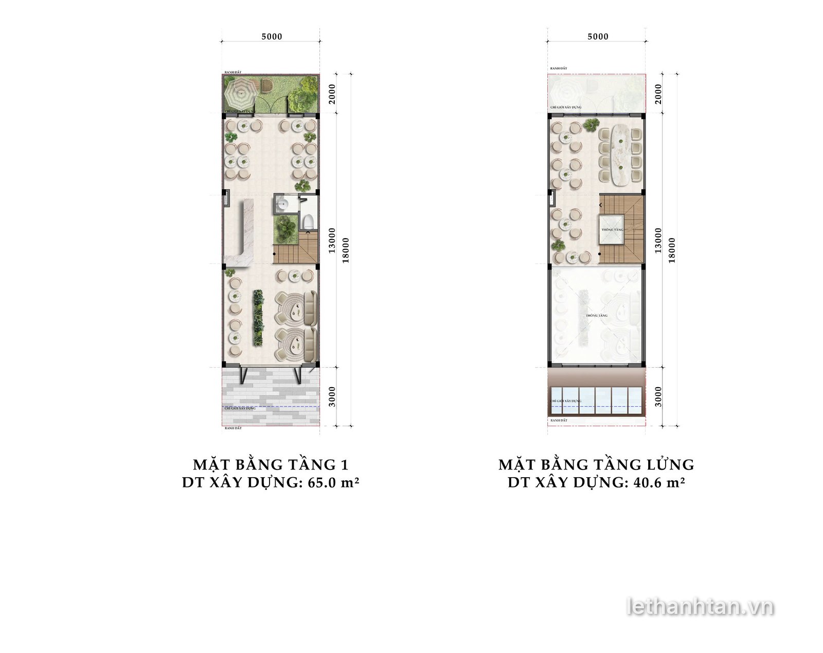 Mặt bằng tầng 1 và tầng lửng shophouse 5x18 One Era