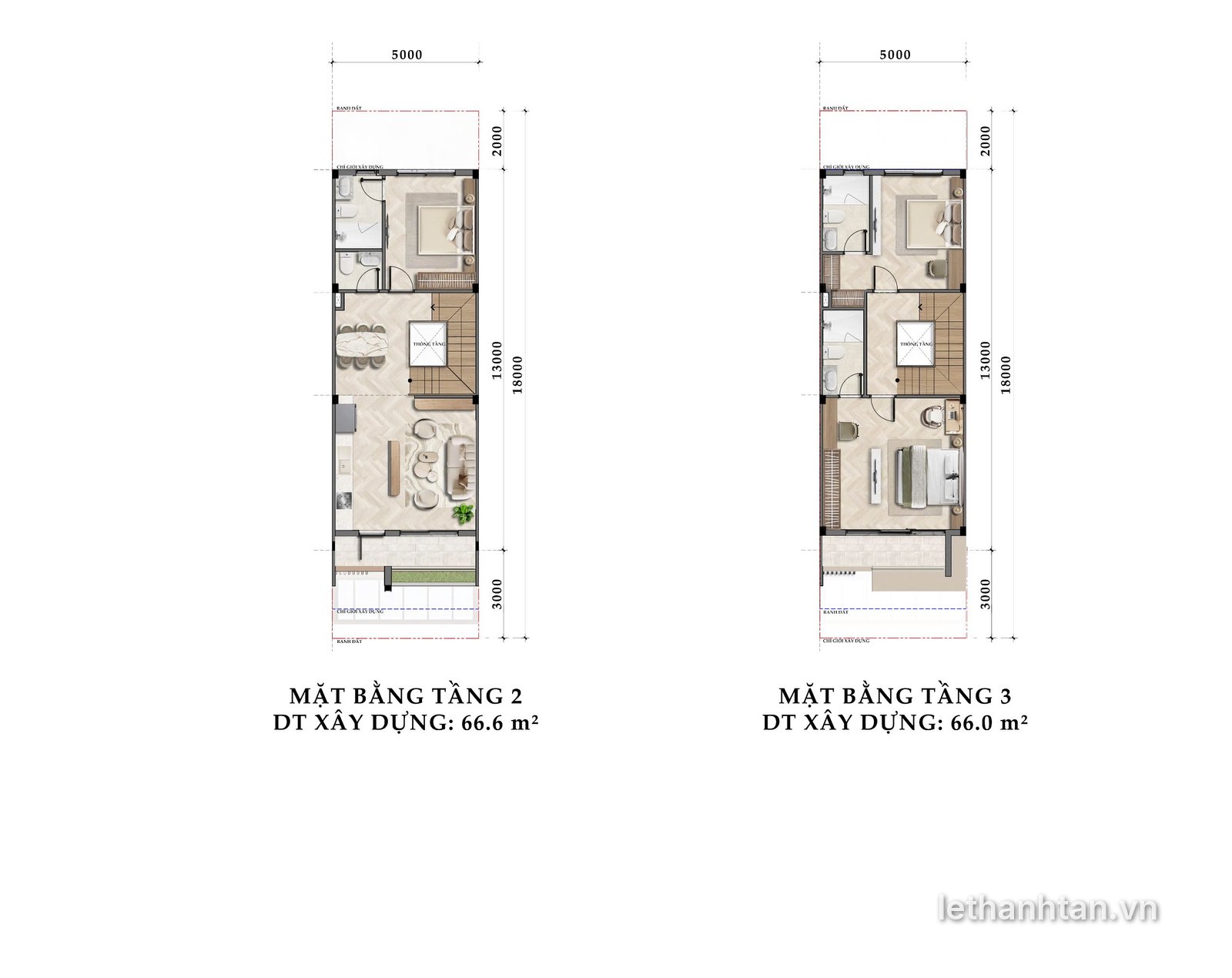 Mặt bằng tầng 2 và tầng 3 shophouse 5x18 One Era