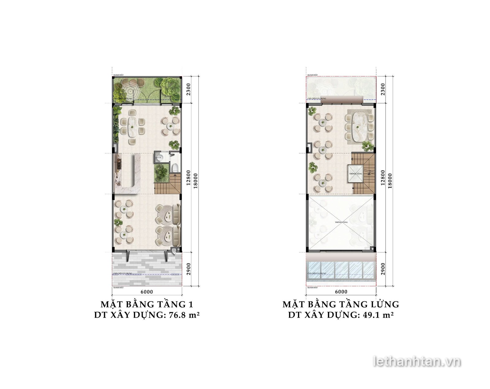 Mặt bằng tầng 1 và tầng lửng shophouse 6x18 One Era