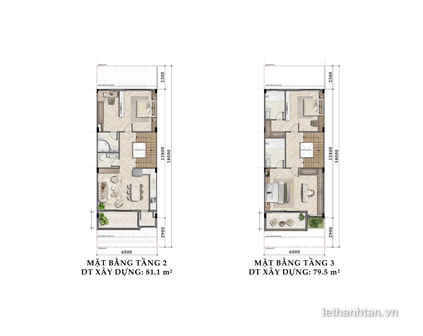 Mặt bằng tầng 2 và tầng 3 shophouse 6x18 One Era