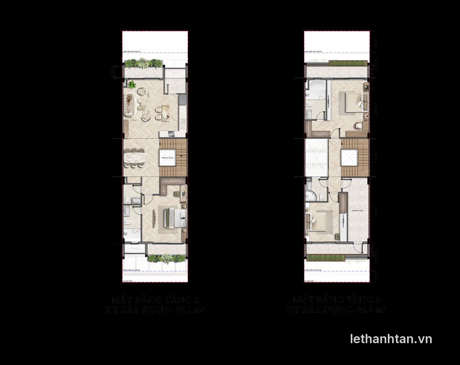 Mặt bằng tầng 2 và tầng 3 shophouse 6x23 One Era