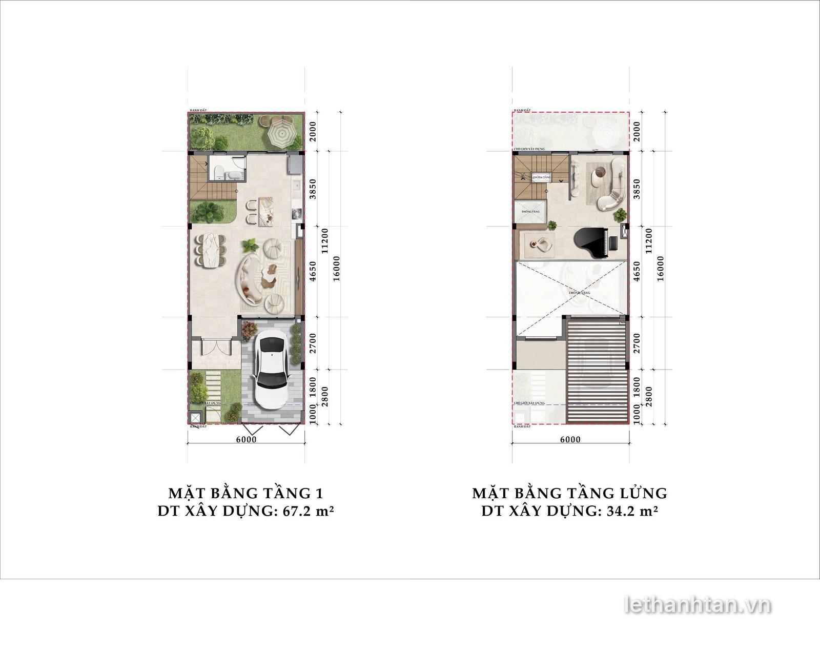 Mặt bằng tầng 1 và tầng lửng townhouse 6x16 One Era