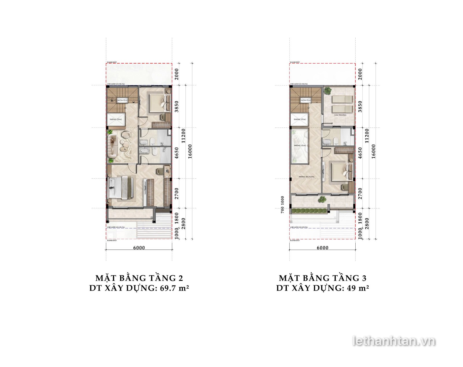 Mặt bằng tầng 2 và tầng 3 townhouse 6x16 One Era