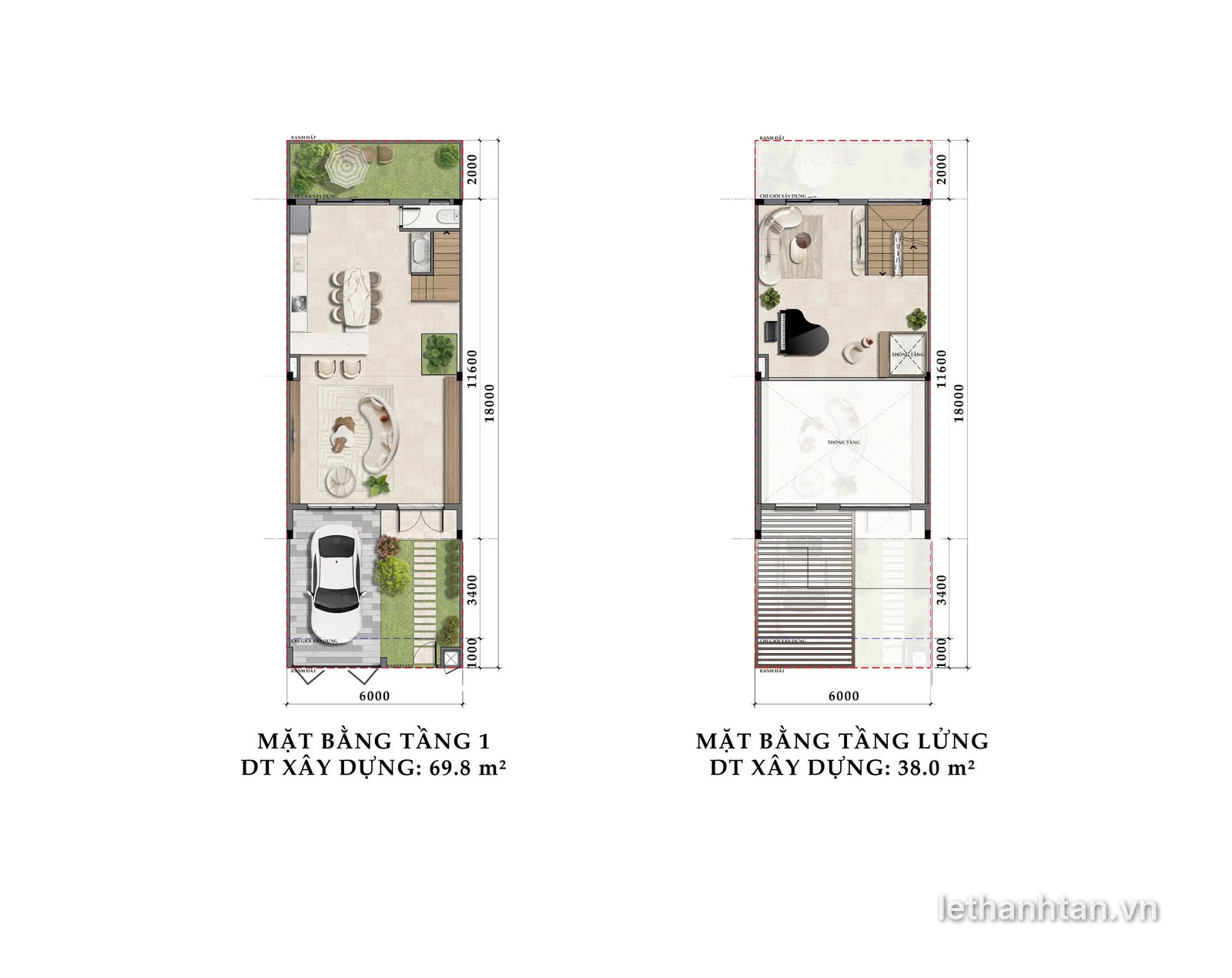 Mặt bằng tầng 1 và tầng lửng townhouse 6x18 One Era