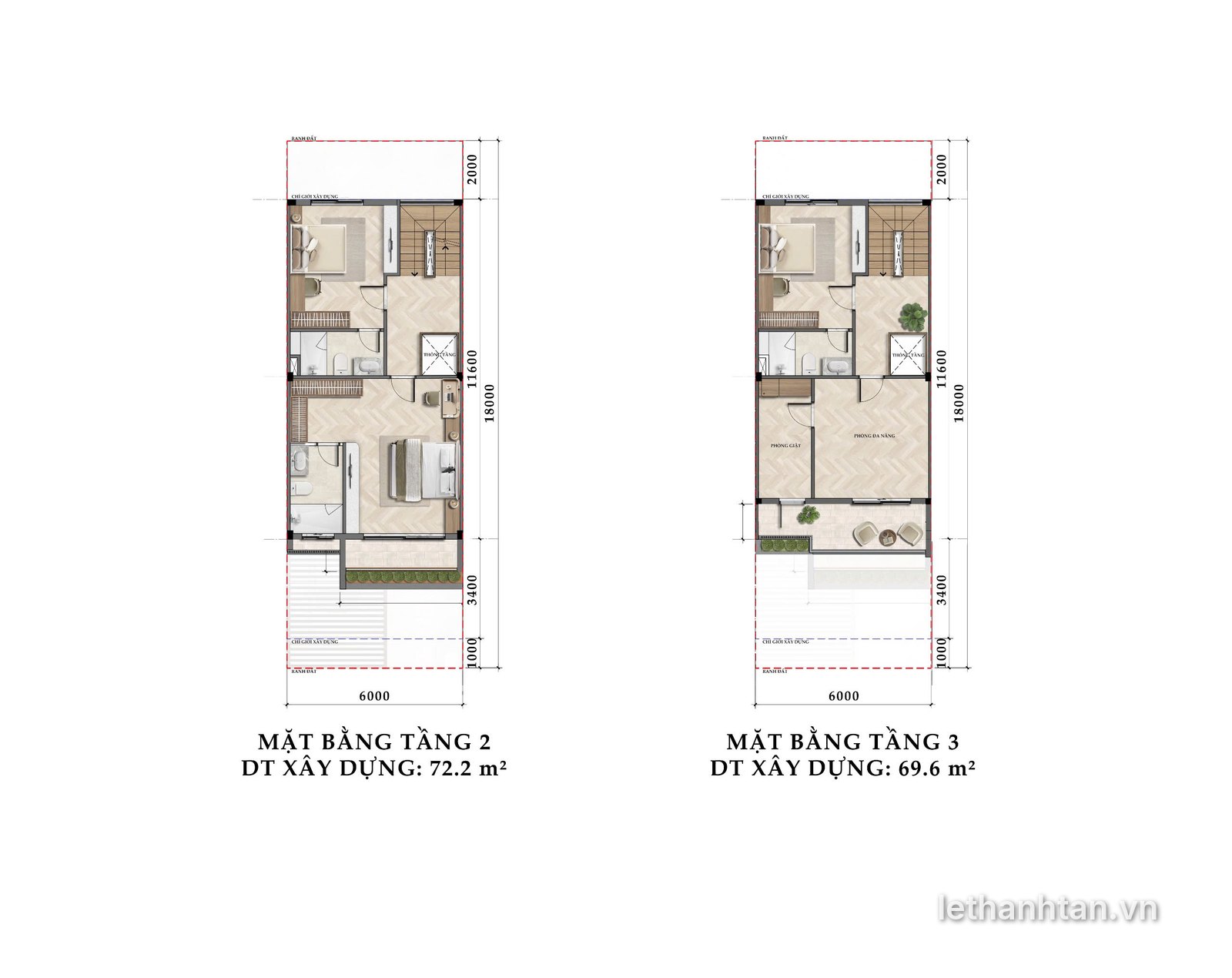Mặt bằng tầng 2 và tầng 3 townhouse 6x18 One Era