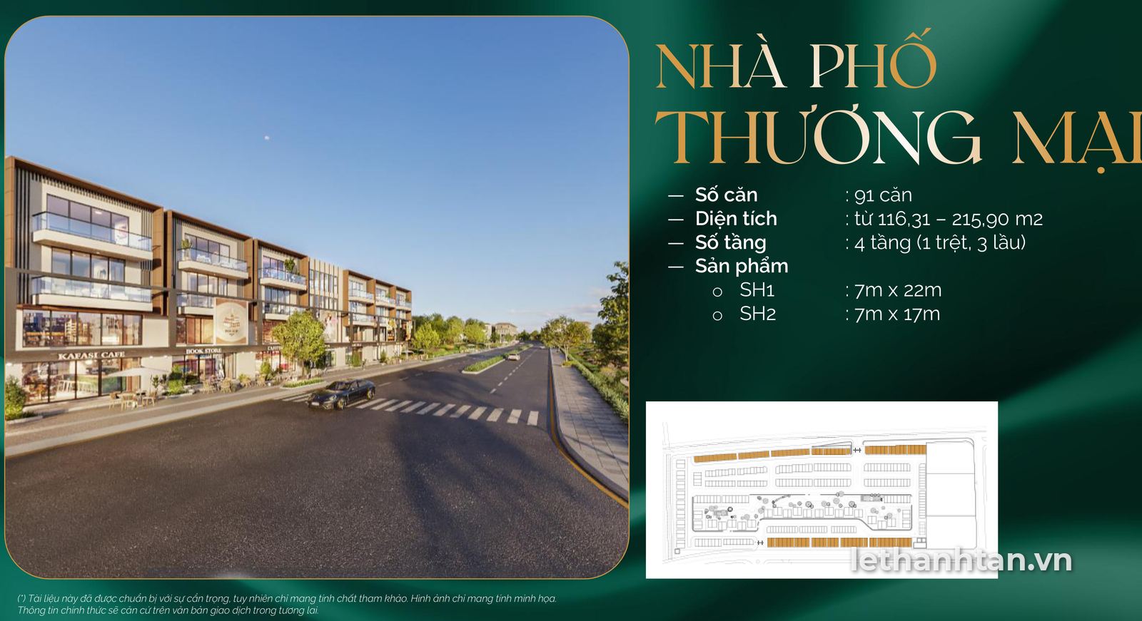 Thông số nhà phố thương mại Senturia An Phú: 91 căn, diện tích 116,31 – 215,9 m², 4 tầng