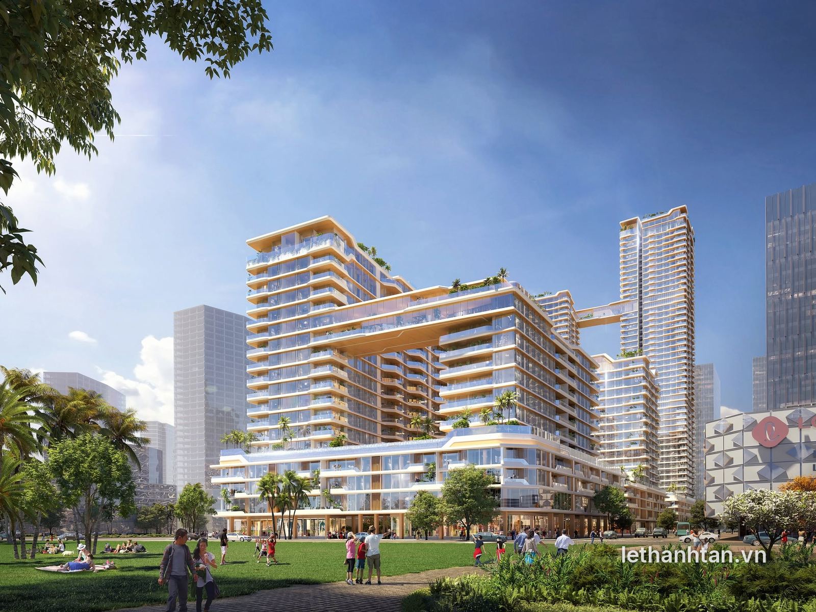 Phối cảnh khối căn hộ hạng sang Lotte Eco Smart City với cầu kết nối trên cao