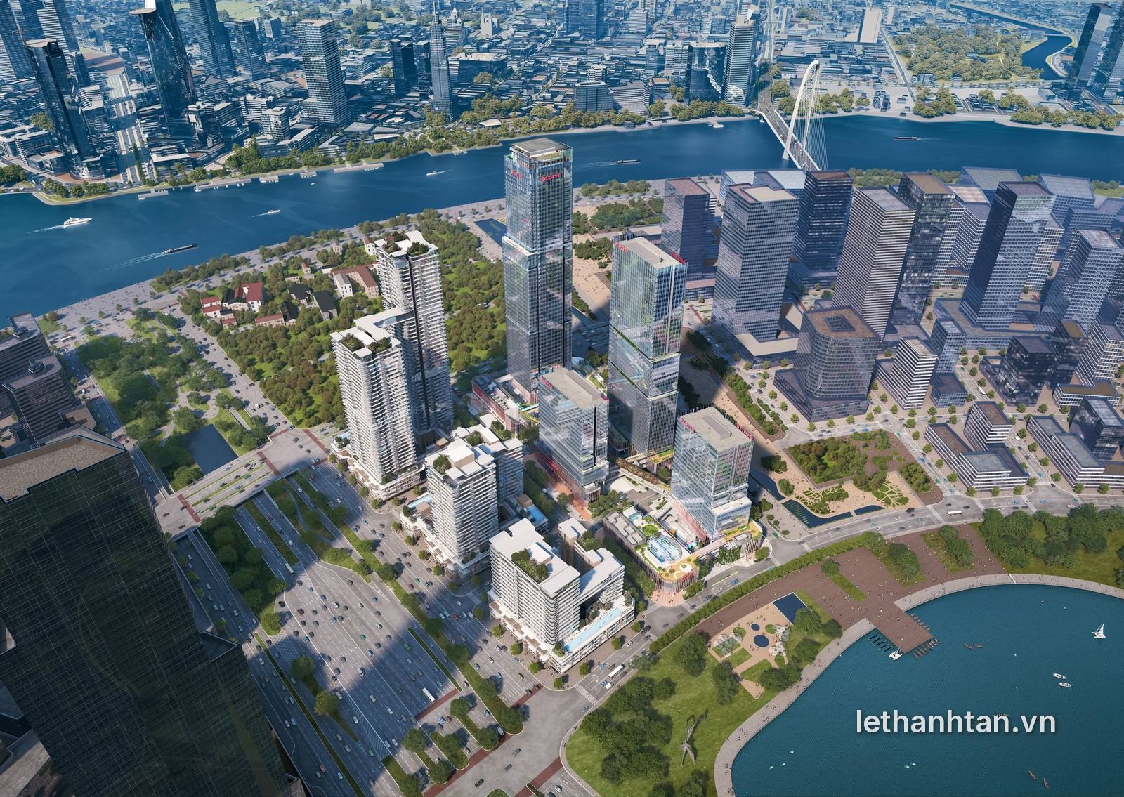 Phối cảnh Lotte Eco Smart City nhìn từ trên cao với sông Sài Gòn và Quận 1