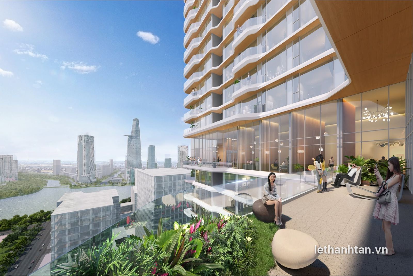 Phối cảnh sân thượng Lotte Eco Smart City nhìn về Quận 1 và sông Sài Gòn