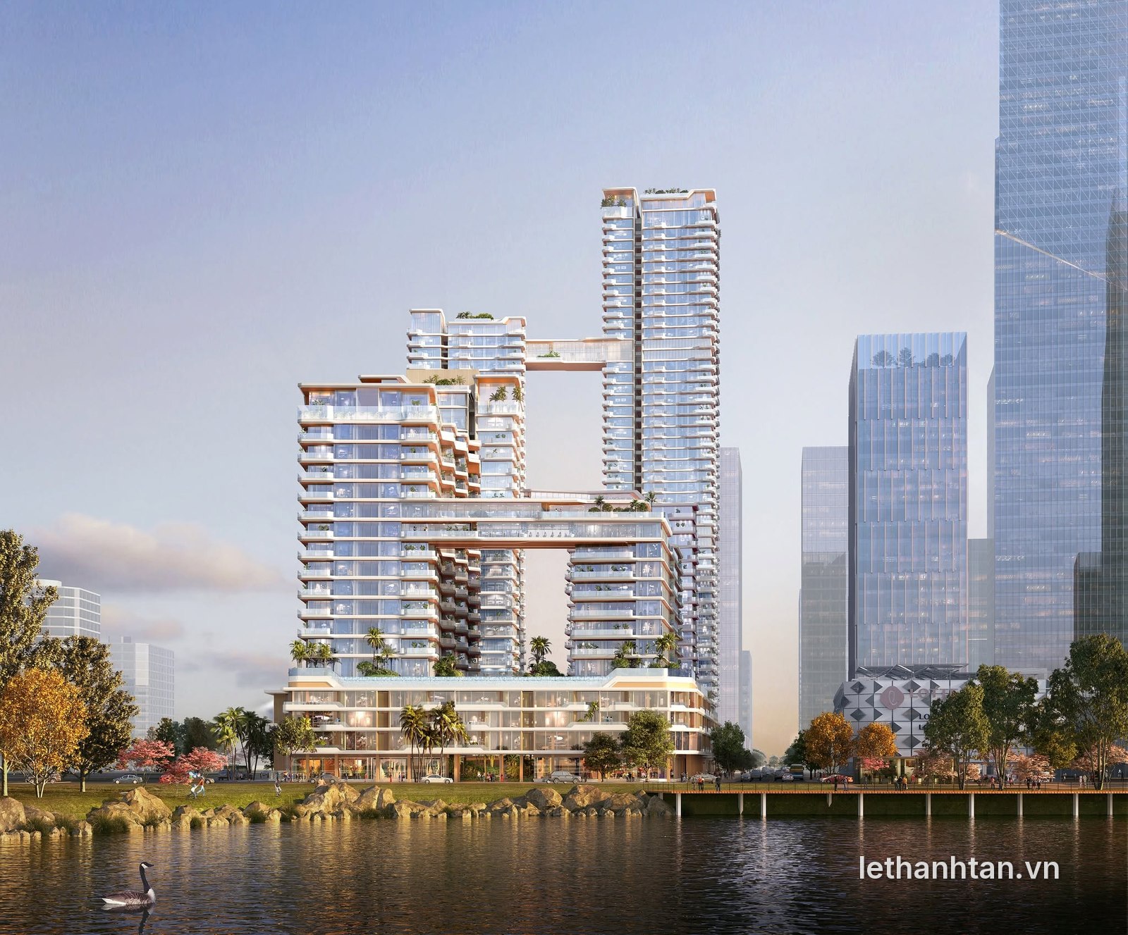Phối cảnh tháp căn hộ Lotte Eco Smart City với cầu kết nối trên cao bên hồ