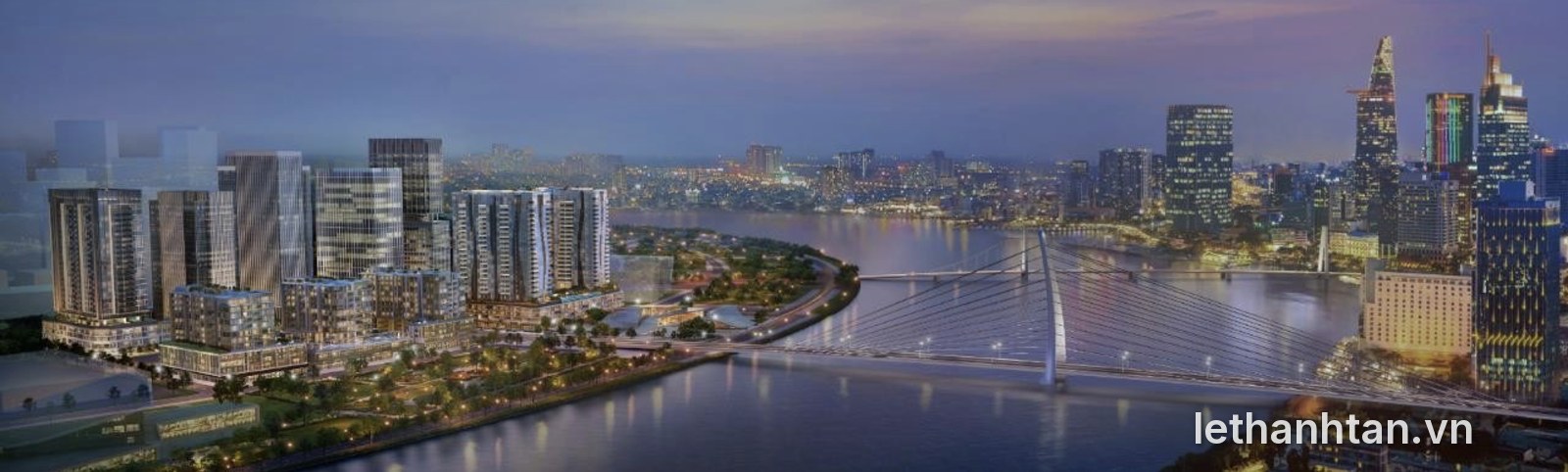 Phối cảnh The Metropole Thủ Thiêm về đêm bên cầu Ba Son và sông Sài Gòn