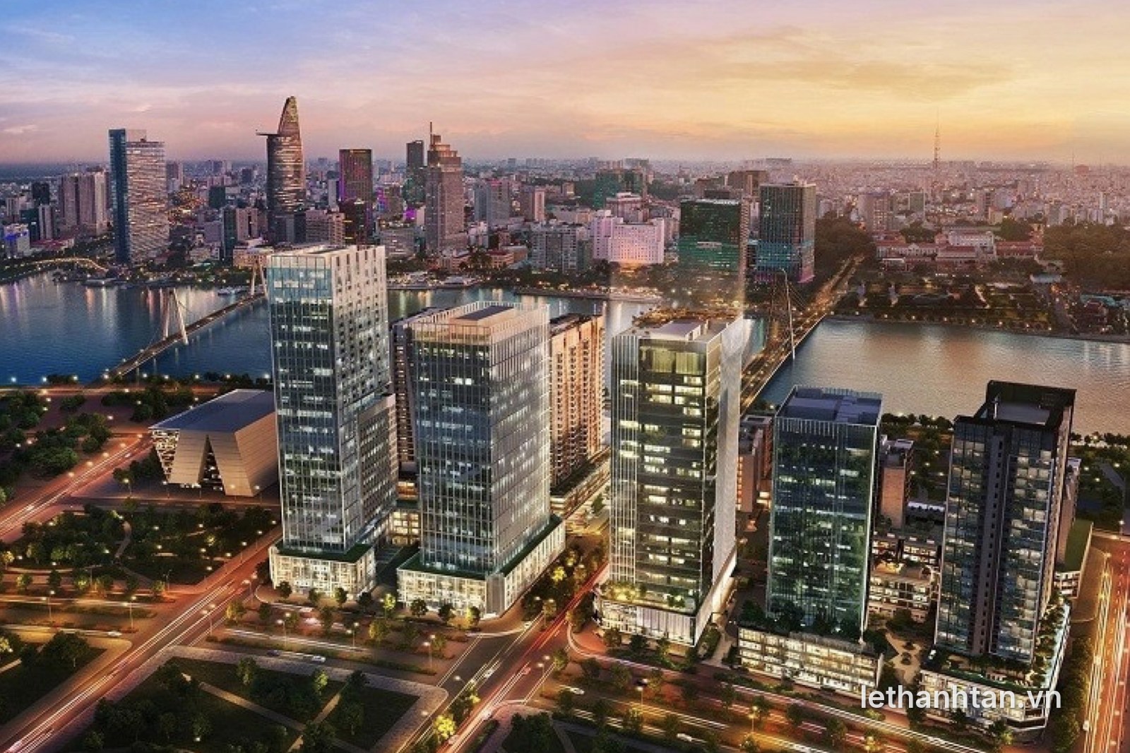 Phối cảnh The Metropole Thủ Thiêm nhìn về trung tâm Quận 1 lúc hoàng hôn