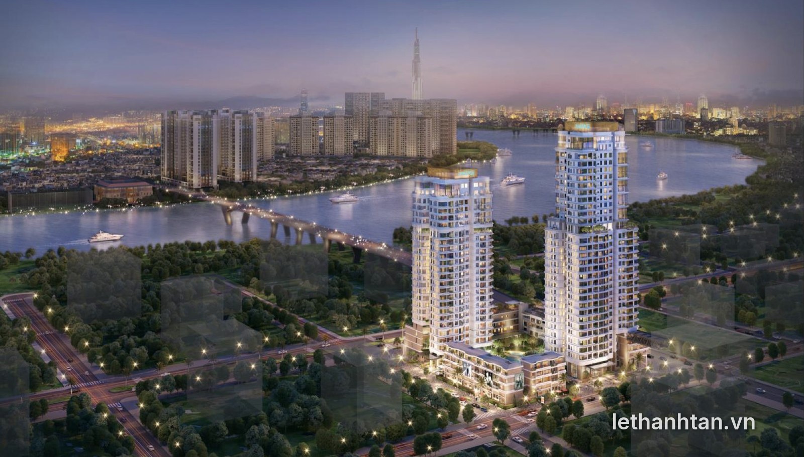 Phối cảnh Suro Collection Saigon hai tháp T1 T2 view sông Sài Gòn và Landmark 81