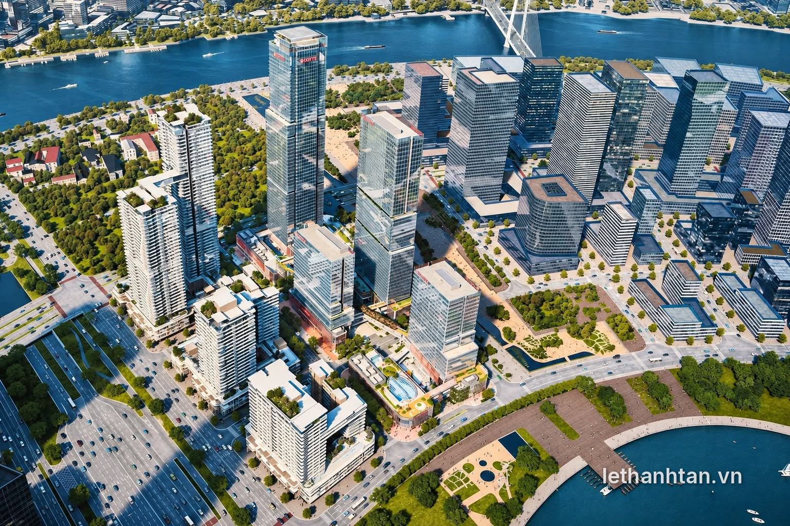 Phối cảnh tổng thể Lotte Eco Smart City Thủ Thiêm bên sông Sài Gòn, cạnh hồ trung tâm