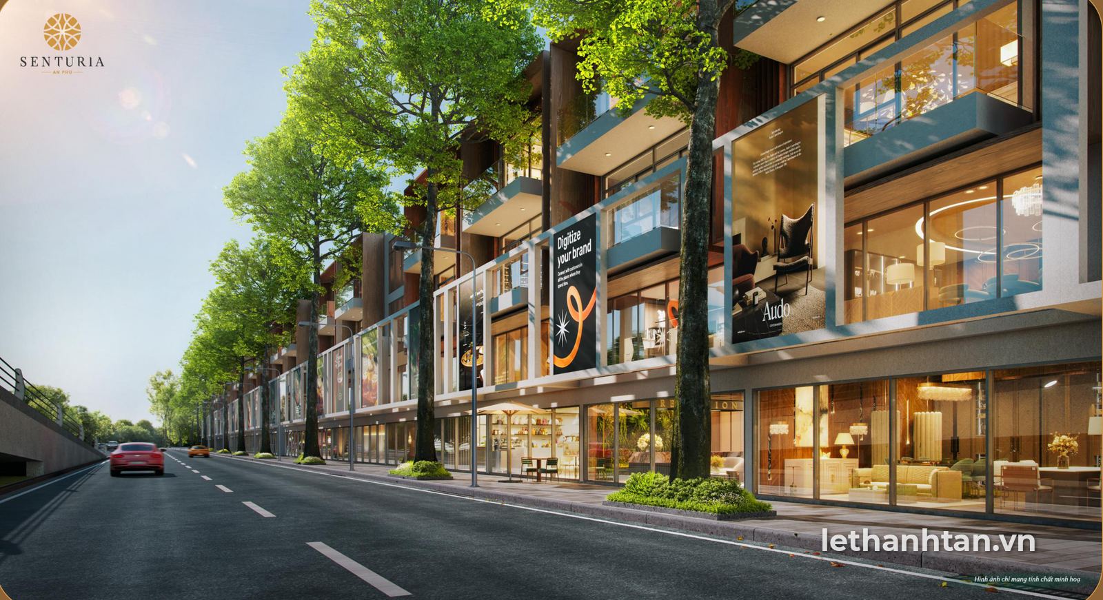 Phối cảnh dãy shophouse mặt tiền đường Song Hành của Senturia An Phú