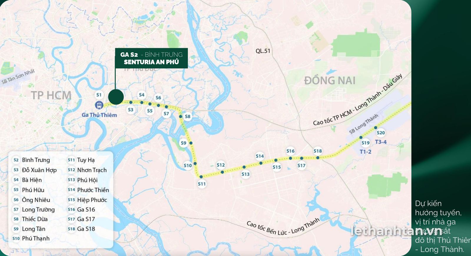 Bản đồ hướng tuyến metro Thủ Thiêm – Long Thành và vị trí ga S2 Bình Trưng gần Senturia An Phú